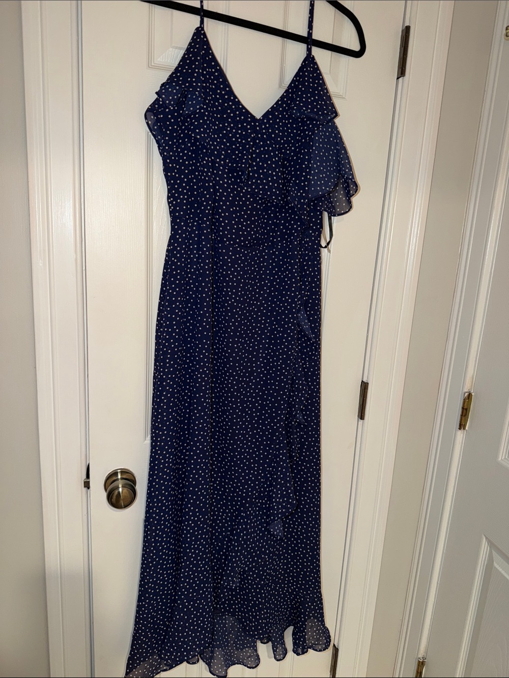 London Times Navy Blue Polka Dot Ruffle Maxi Dress